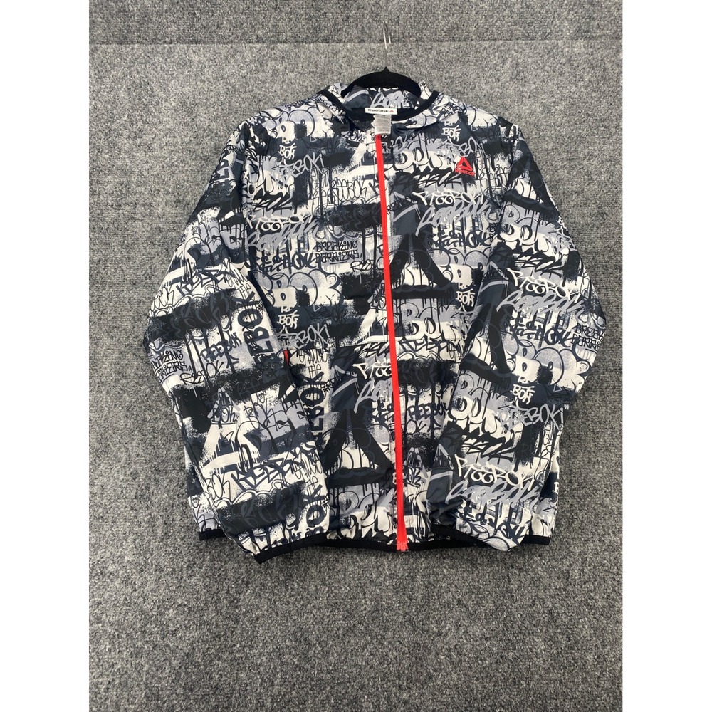 Reebok Graffiti Print Windbreaker Jacket Mens XXL Black White Full Zip Hooded